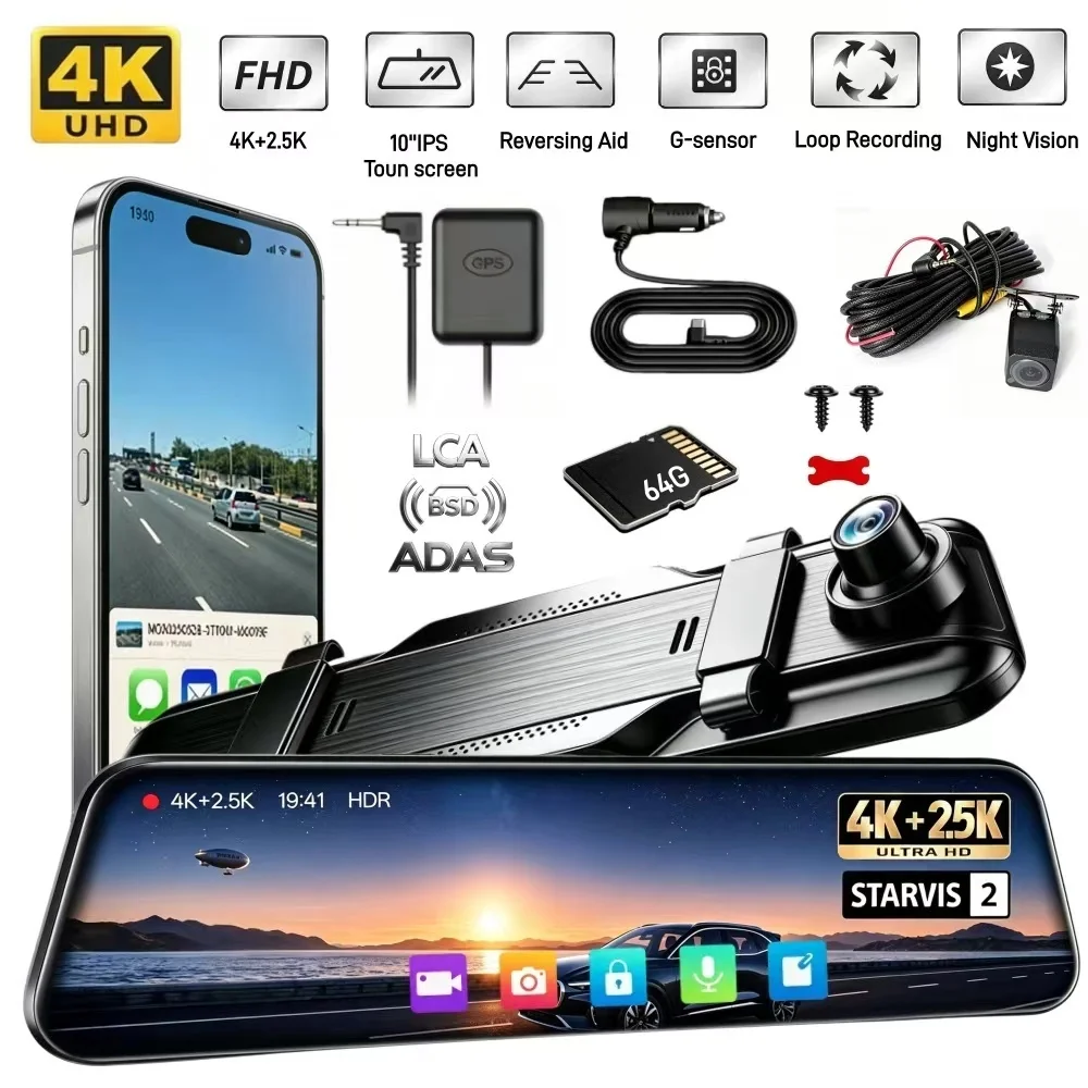 4K+2.5K Mirror Dash Cam with Front IMX678 & Rear, 10