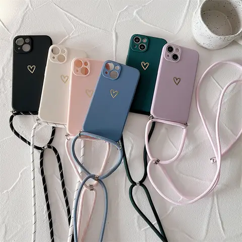 Crossbody Lanyard Silicone Phone Case For iPhone 15 14 11 12 13 Pro Max Mini 8 7 6 Plus 10 X Xr Xs Max SE 2020 Love Heart Cover