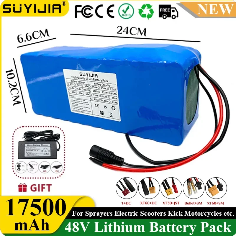 18650 13S5P 48V 17500mAh Lithium Batteries Pack Built-in Smart BMS for E-Bike Unicycle Scooter Wheel Chair with 54.6V 2A Charger