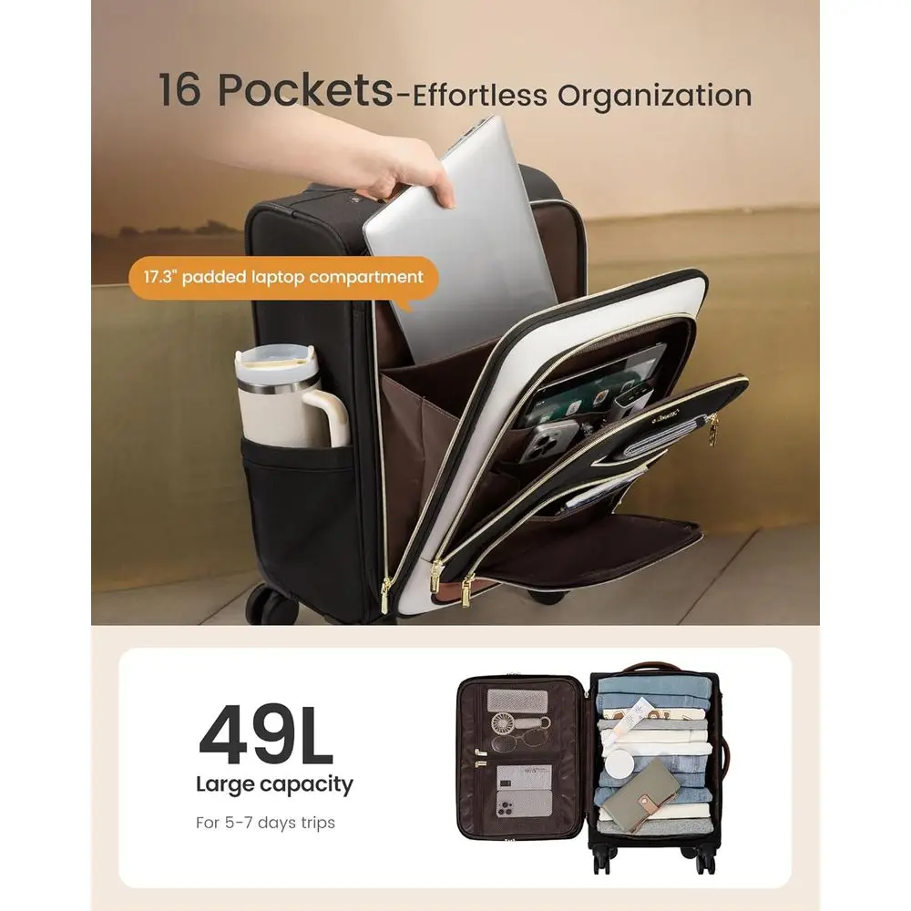 22 Inch Airline Approved Large Softside Spinner Suitcase with TSA Lock, 49L Capacity for Travel