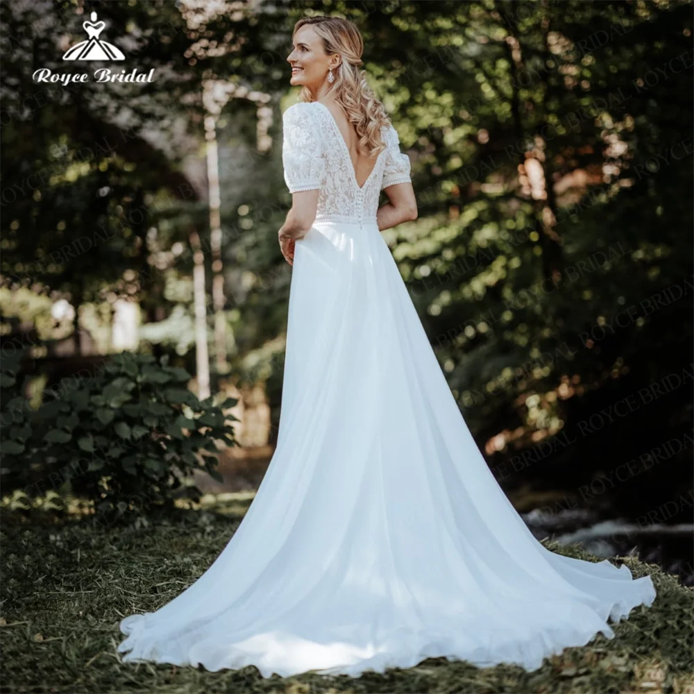 Roycebridal-Robe de Mariée Simple en Mousseline de Soie, Ligne A, Col en V Plongeant, Manches Courtes, Dos Ouvert, Longueur au Sol, Patients, Quelle que soit