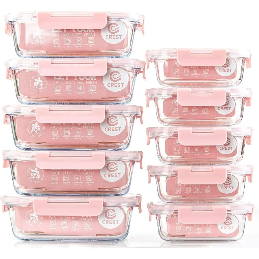 

C CREST 10 Pack Glass Meal Prep Containers with Lids for Airtight Food Storage Ideal for Microwave Oven Freezer and Dishwasher