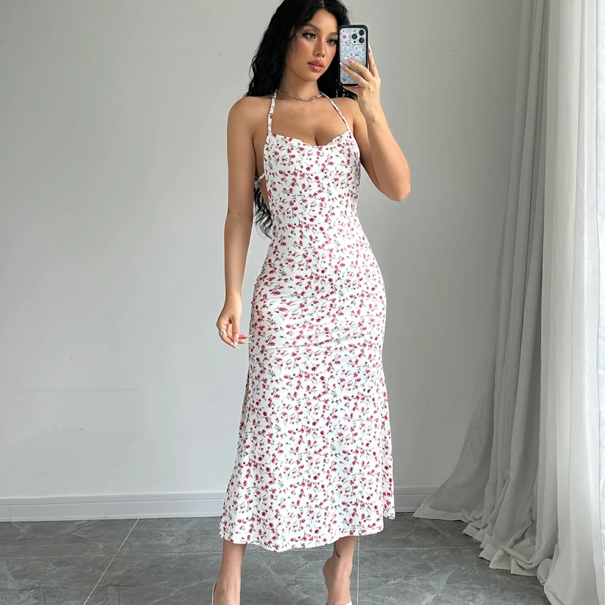 

SKMY New Fashion Floral Printed Sexy Backless Halter Neck Lace-Up Spaghetti Strap Sleeveless Split Midi Dresses Women Clothing