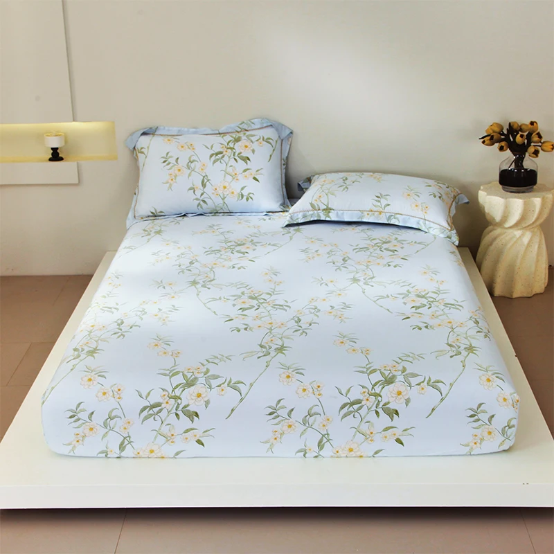 100% Lyocell Fiber Bedsheet Skin-friendly Bed Cover Elastic Fitted Sheets Printed Bed Linen Sabanas (Pillowcase Need Order)