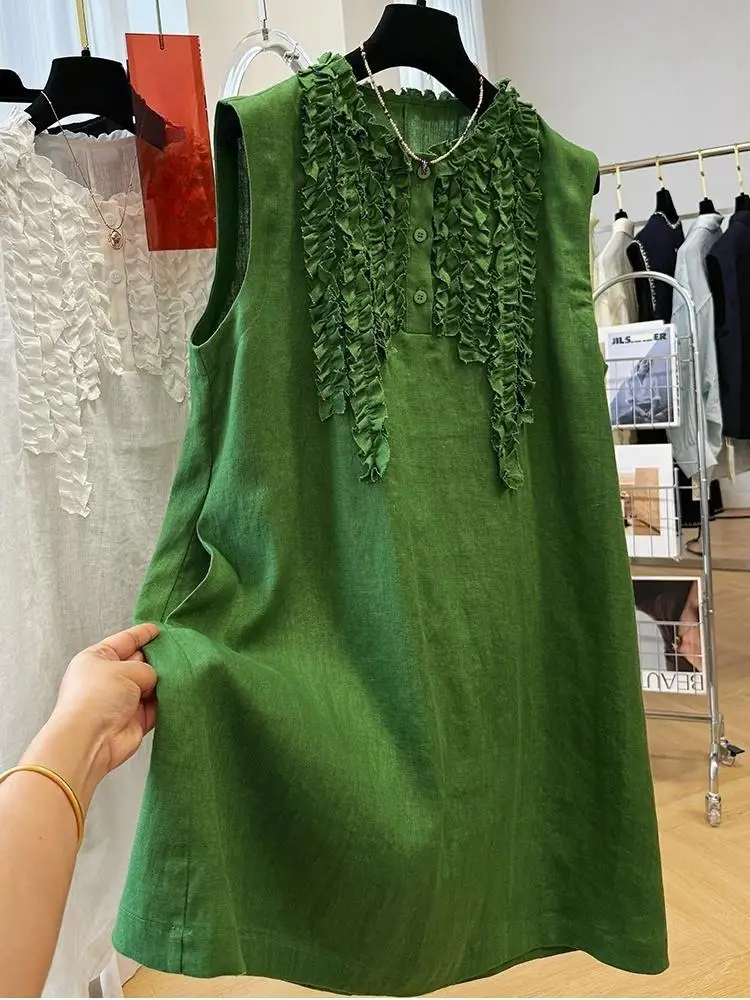 Summer Women's Fashion Sleeveless Dress Casual Loose O-Neck Dress Retro Contrasting Color T-Shirt