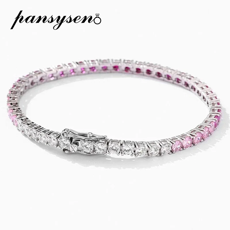 

PANSYSEN Luxury 100% 925 Sterling Silver 3MM Round Gradient Pink Blue Sapphire High Carbon Diamond Charm Bracelets Fine Jewelry