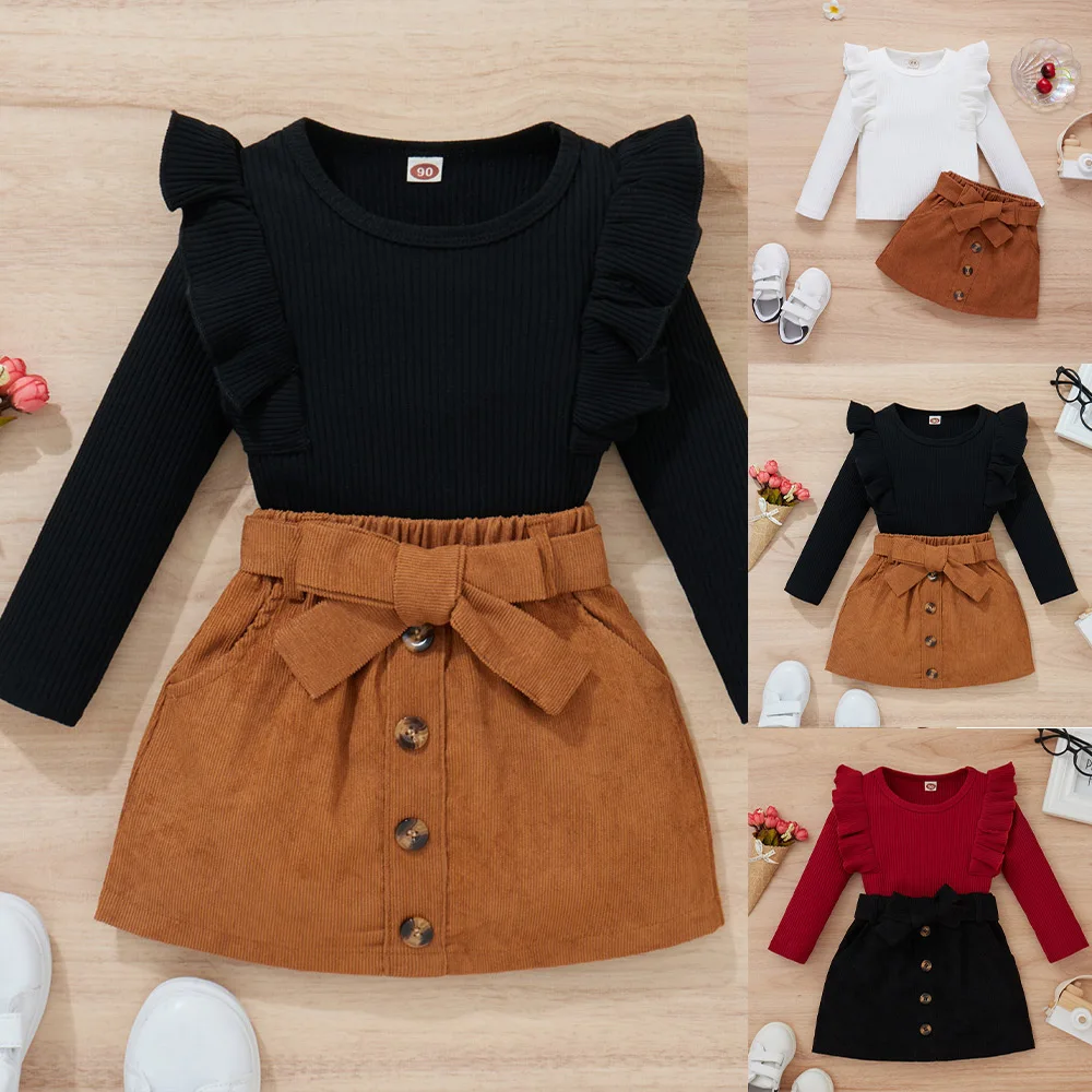 LAPA Cute Fashion Girls Skirt Suit Two-piece Set Baby Girls Solid Ruffle Long Sleeve Top+Corduroy Skirt Autumn New Kids Suit