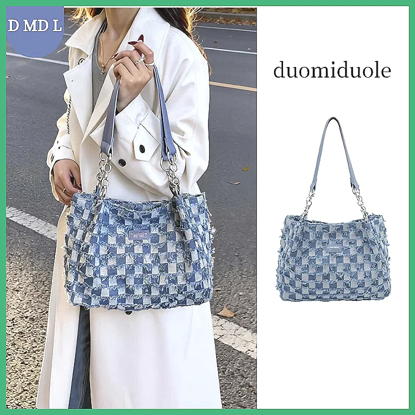 

Сумка-тоут из денима в стиле ретро с сине-белым клетчатым узором, весна 2026, с металлической цепочкой, повседневная, модная, женская, R