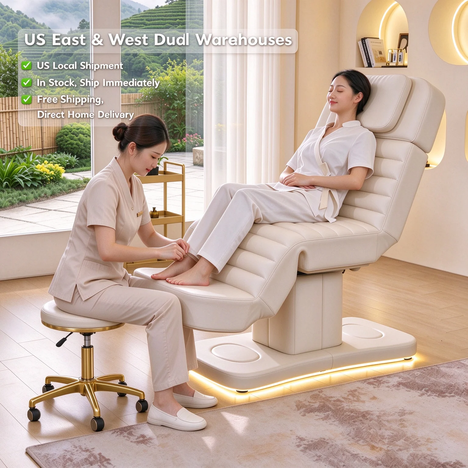 Electric 3‑Motor Ergonomic Beauty Massage Bed, Adjustable Height Spa Bed for Tattoo Eyelash Salon Beauty Treatments