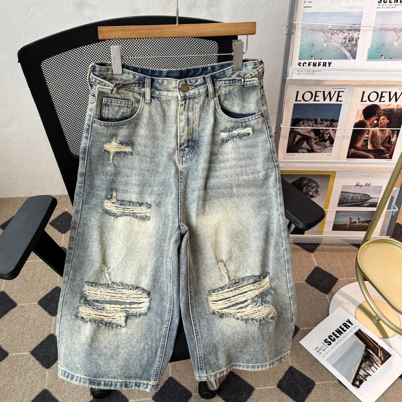 

Washed American Style Ripped Design Jeans Shorts Men's Loose Straight Leg Seven Tenths Pants Casual Summer Jeans Shorts