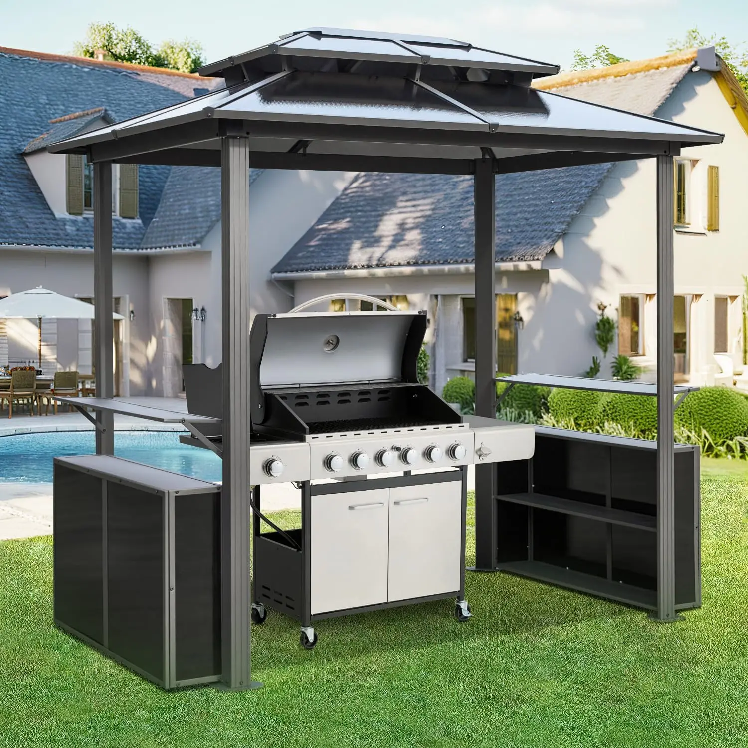 MELLCOM Grill Gazebo 8 x 6 FT, Outdoor Barbecue Gazebo with Double Polycarbonate Panel Roof, BBQ Gazebo with Shelves