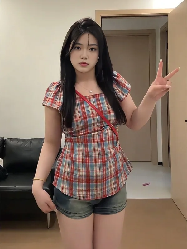 Damska koszula w kratę plus size, słodka i pikantna, letnia, wyszczuplająca, z krótkim rękawem, podkreślająca talię, z odkrytymi ramionami, w stylu amerykańskim.