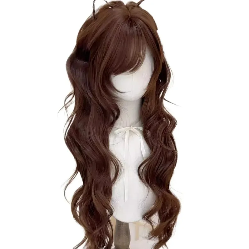 Bitlamb Natuurlijke Lange Dames Synthetische Vezels Haar Chocoladebruine Kleur Grote Golvende Cosplay Pruiken Voor Vrouwen Dagelijks Gebruik Party Volledige Pruik