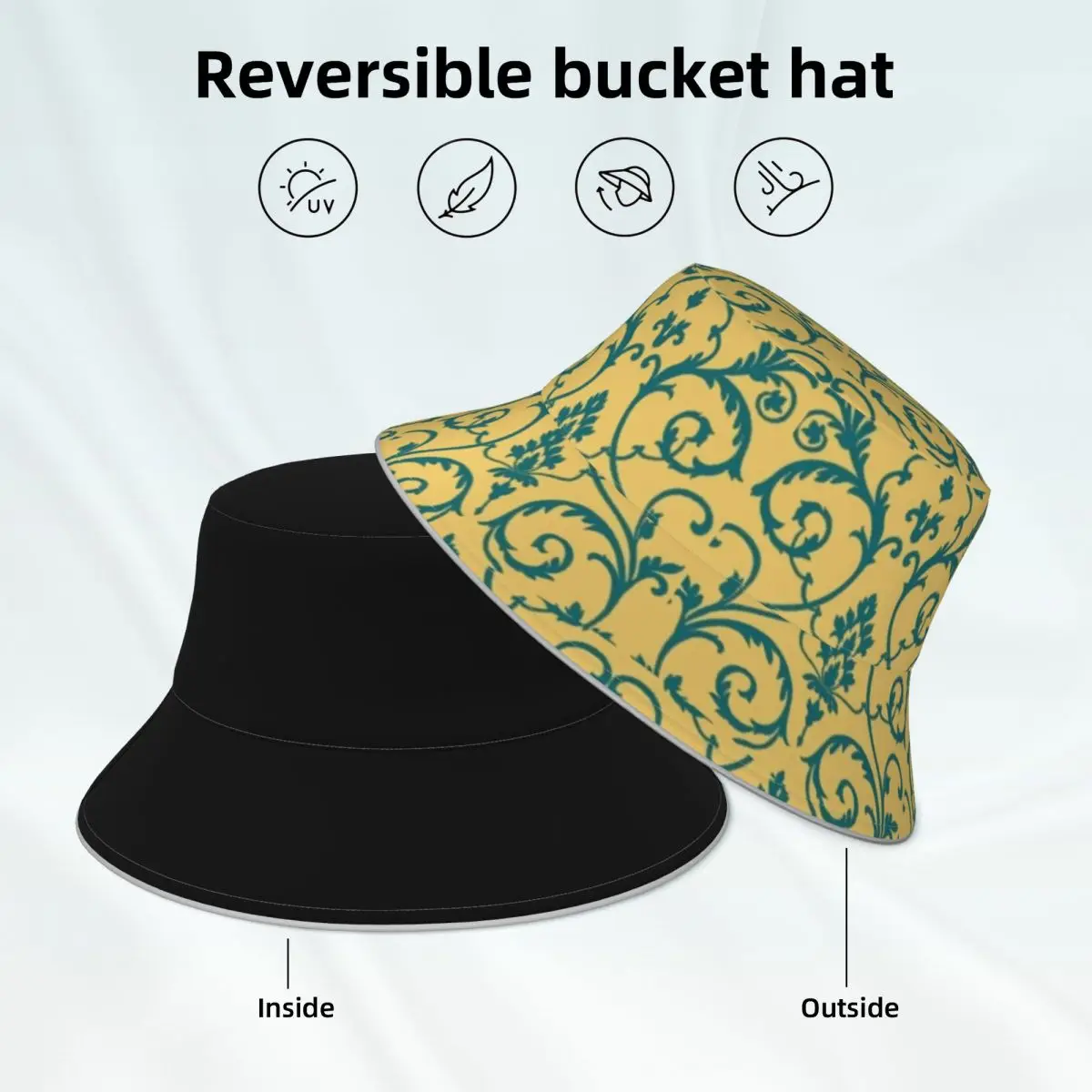 Baroque Floral Reflective Bucket Hat Gold Blue Double-sided Wear Summer Fisherman Hats Fun Printed Sun Hat