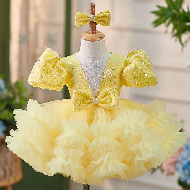 Light luxury yellow sequin shampan dress baby dress, first birthday dress suitable for a variety of special occasions high-end d