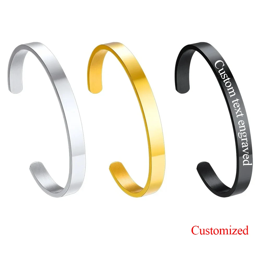 U7 Stainless Steel 6mm Thick Flat Band Open Bracelets Bangle Cuff Size S/L Custom Engrave Text Lovers Couple Unisex Jewelry Gift