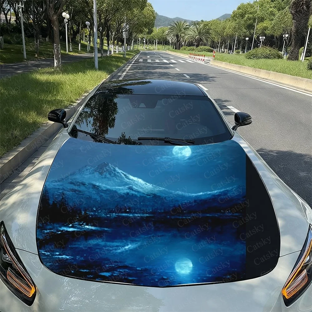 

This car hood features a stunning moonlit mountain scene, blending nature's beauty with automotive design. Perfect for unique v