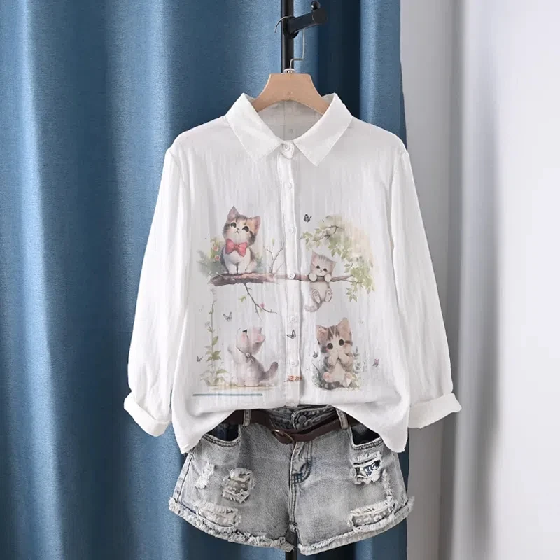 

Japanese vintage fashion cartoon cat kittens print shirts long sleeve blouses for women 100% cotton yarn summer tops