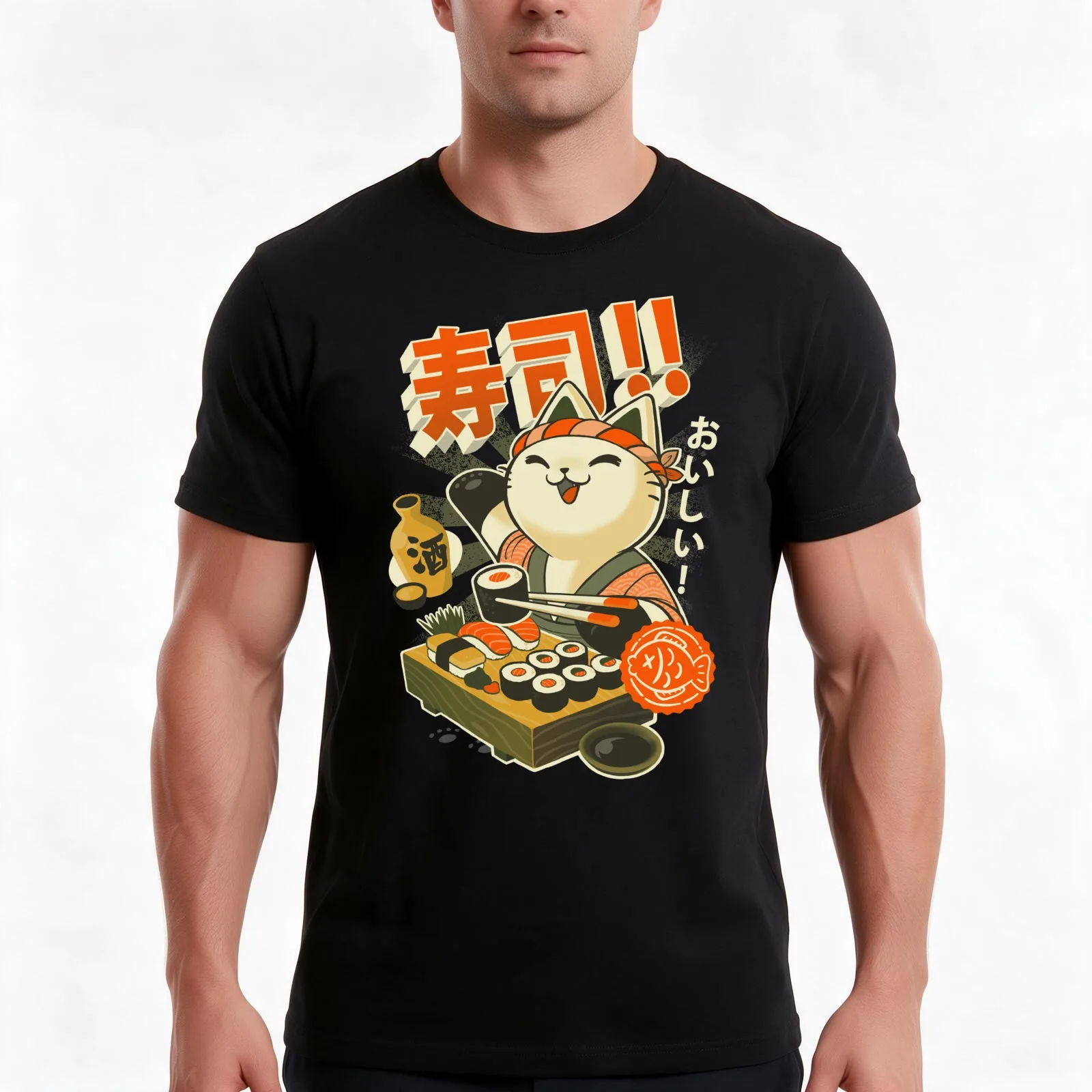 Sushi Chef Cat - Funny Restaurant Kitty - Japanese Food T-Shirt Summer Casual Cotton Tee Oversized Streetwear Tops
