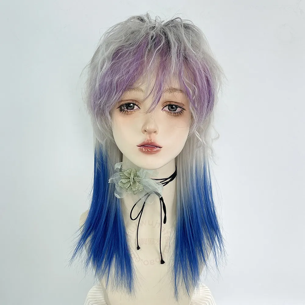 Japanese mullet head wig male neutral short hair two-dimensional gay purple highlights samurai head handsome T wolf tail hair co