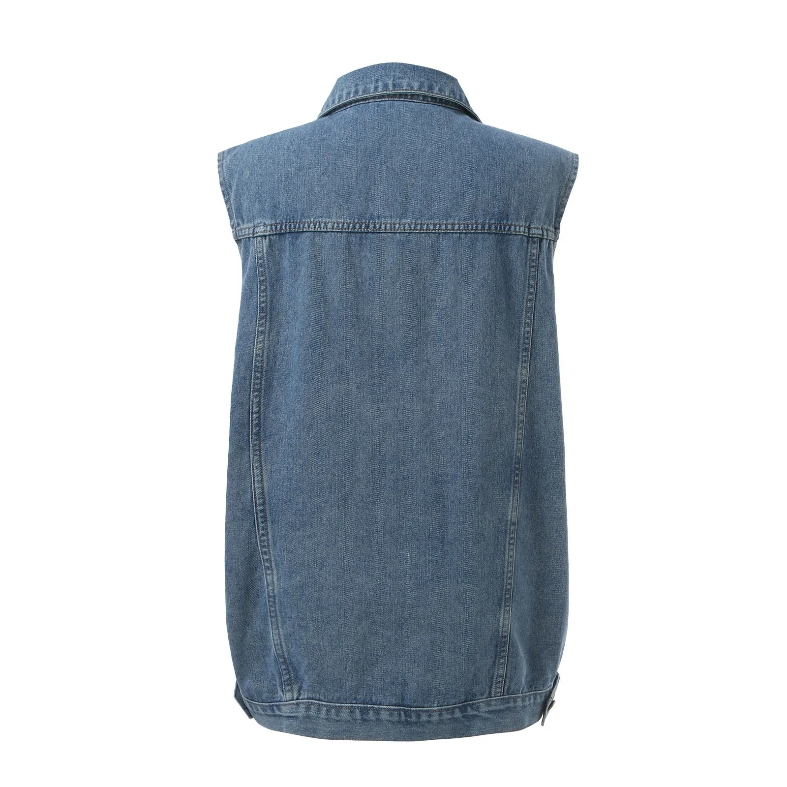 Middellange Vrouw Denim Vest Jas Mode Turn Down Kraag Knoop Bovenkleding Vest Dames Mouwloze Jas Denim Jack