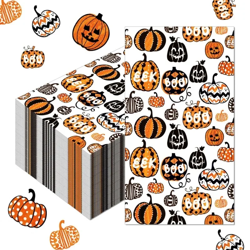 20 piezas de papel desechable de 2 capas, toalla larga de calabaza para Halloween, fiesta y vacaciones, 33x40cm