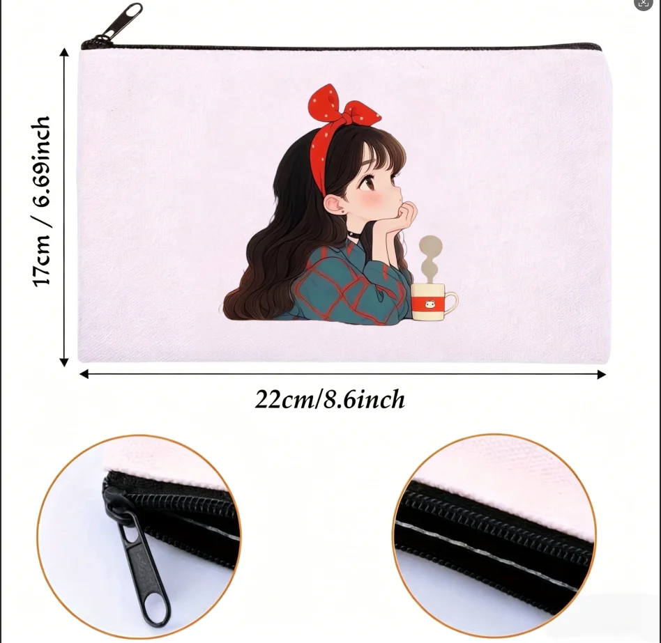 1PC Double-Side Printed Wavy Hair Girl Red Bow Coffee Cup Canvas Makeup Storage Zipper Bag