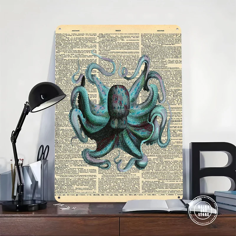 Octopus on Dictionary Page Personalized 3D Textured Metal Poster Wall Art Tinplate Sign for Bedroom Decorations Office Decor