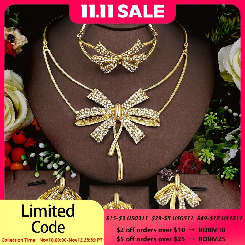 

Элегантный комплект ювелирных изделий с бантом и бантом, блестящее циркониевое ожерелье, браслет, серьги, комплект колец, свадебные украшения в африканском Дубае, новинка 2023 г.