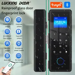 Tuya APP Glasses Fingerprint Lock Bluetooth Smart Glass Door Biometric Electronic Door Lock 13.56Mhz RFID Remote Control Unlock