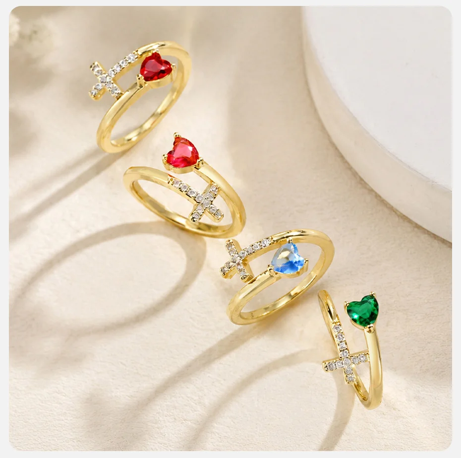 Vnox Vergoldeter Herzring mit AAA-Zirkonia für Damen, Einzigartiges Design, Glänzende Bunte Kristalle, Kreuzring, Romantischer Religiöser Schmuck – Detail 8