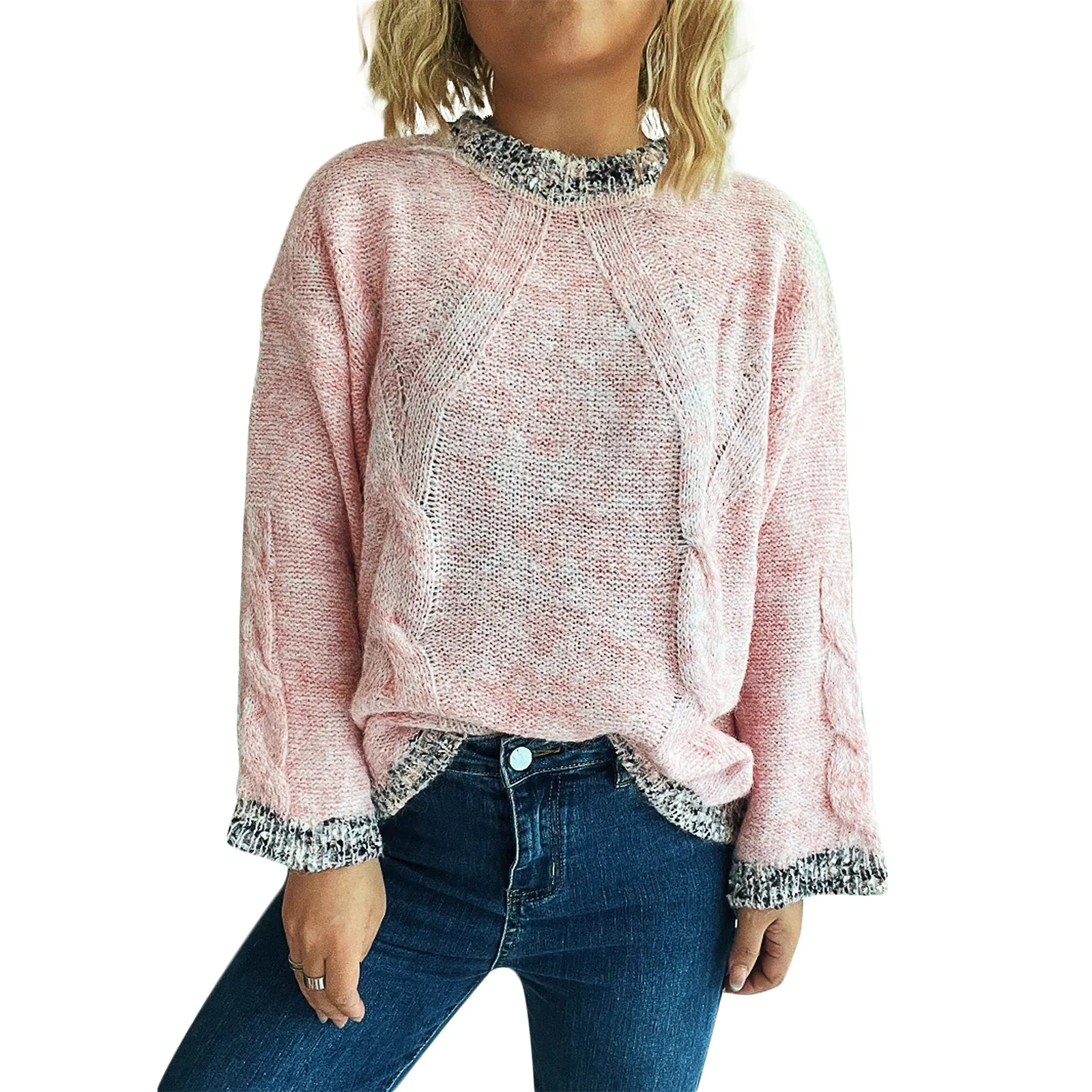 Women'S Spliced Round Neck Knitted Top Casual Commuting Loose Sweater Ropa De Mujer Sweater De Mujer Pull Femme свитера женские
