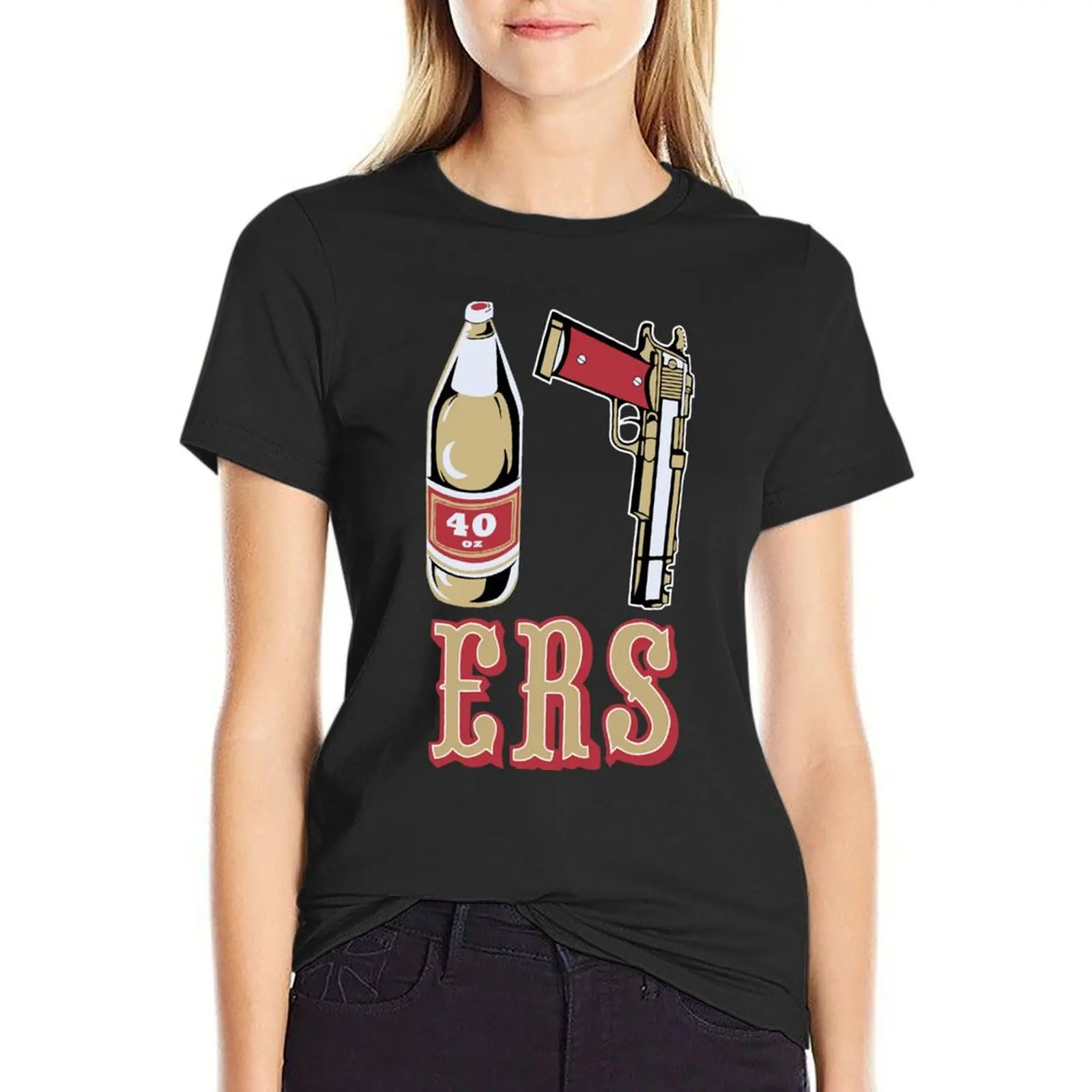 Cool Mens Black 49ers 40 OZ 9MM Gold Gun T-Shirt tops shirts graphic tees summer tops plus size tops Women's