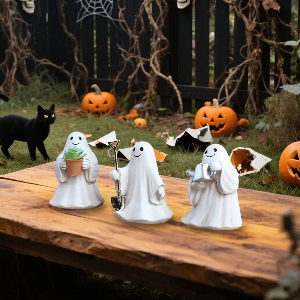 

3pcs Cute Design Ghost Ornaments Spooky Style Resin Material Halloween Ghost Figurines Cartoon Shape Resin Gardening Statue