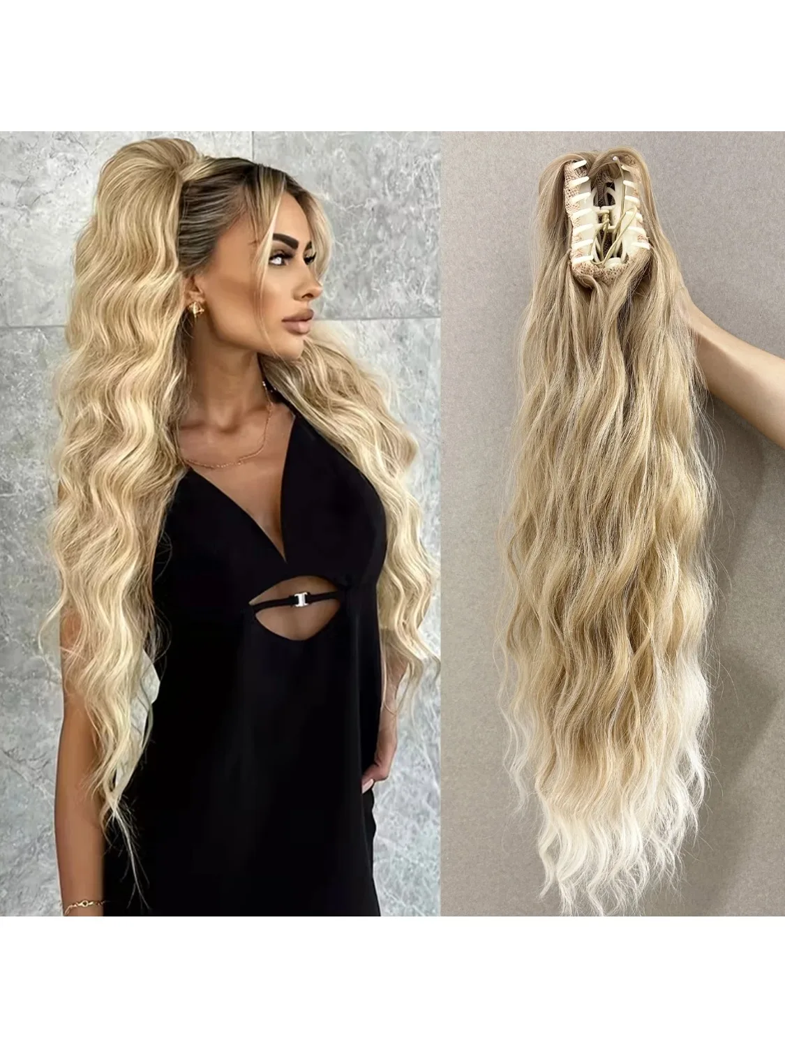 Synthetischer Wasserwellen-Haarklammern-Pferdeschwanz, schwarz, blond, hitzebeständige Faser, flauschiger, unordentlicher Pferdeschwanz, Haarverlängerungen für Frauen