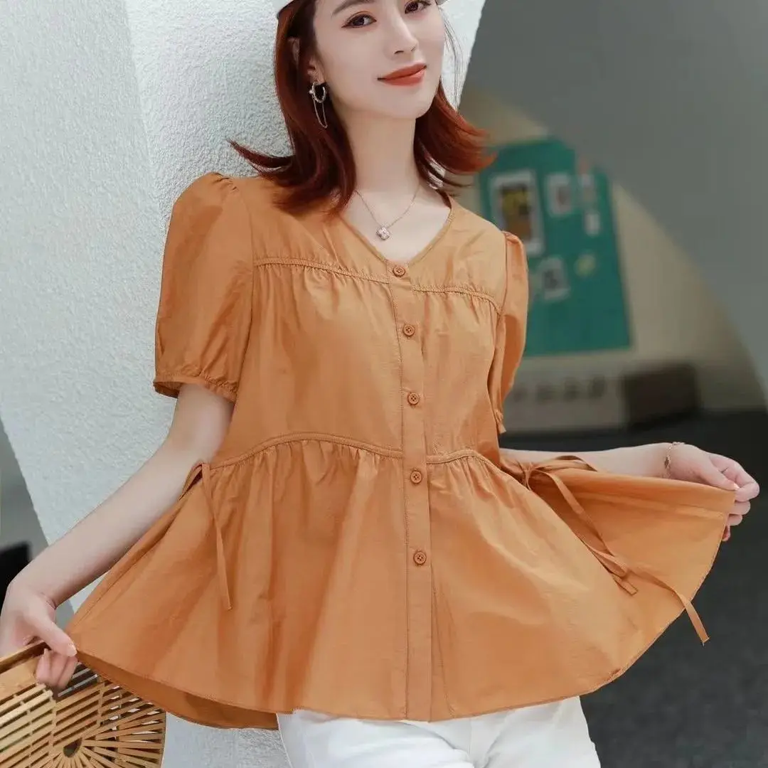 

Short Sleeve Shirts Womens Jacquard Balloon Pintuck Tunic Outdoor Activity Artistic Modern Student Youthful Breathable