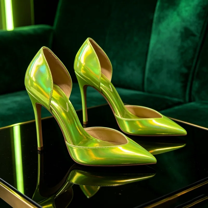 

Sexy Nightclub Footwear Fluorescent Laser Green V Opening Hollow Shoes Ladies 12cm Thin Heel High Heels