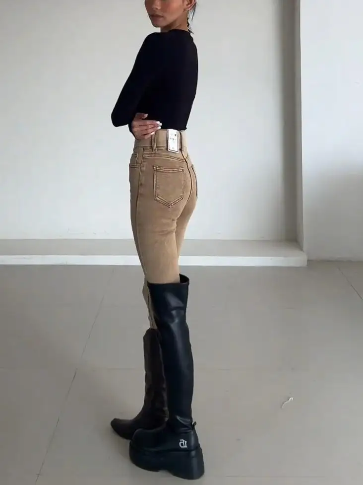 

High Waist Slim Fit Stretchy Khaki Pencil Jeans Women's Spring 2025 Casual Cotton Stretch Denim Nine Points Pants