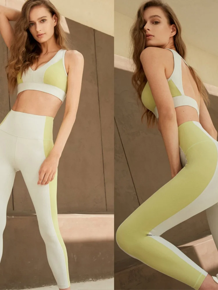 

Women's Yoga Outfit Set: Color-Block Cut-Out V-Neck Top + Push-Up Shockproof Bra + Naked-Feel Skin-Friendly Leggings