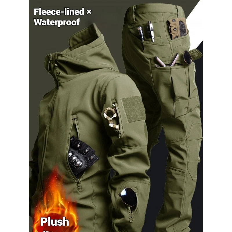 

Mens Winter Camo Suit 2 Piece Waterproof Tactical Training Set Hooded Jacket Fleece Pants Outdoor Hunting Sweatsuit set men