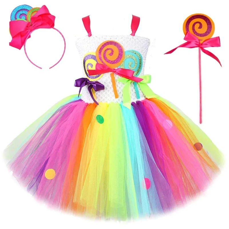 

Rainbow Candy Lollipop Costume for Girls Birthday Party Tulle Dress Carnival Halloween Costume for Kids Princess Dress Gown