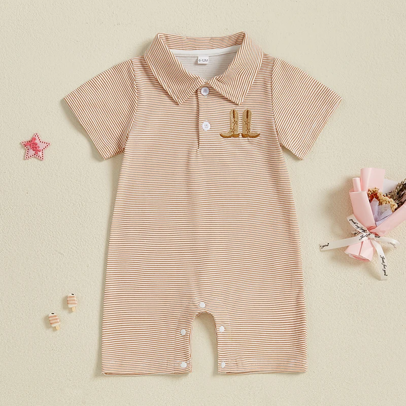Baby Clothes Newborn Infant Baby Boys Western Romper Boot Embroidery Short Sleeve Turn Down Collar Stripe Jumpsuit Streetwear