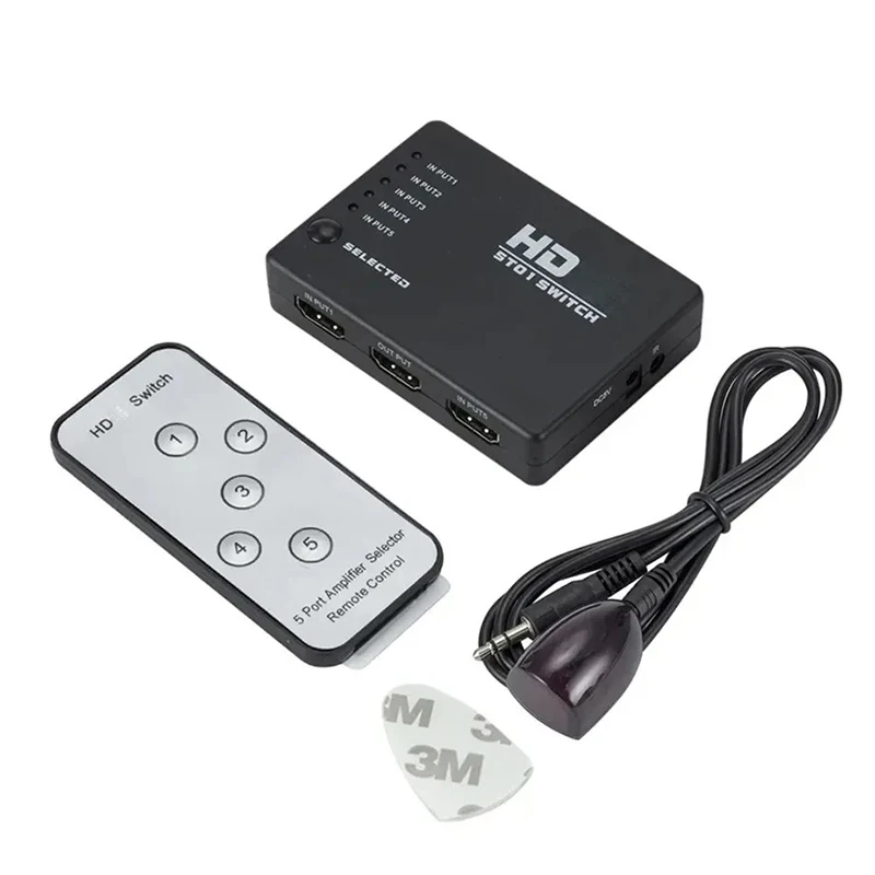 Cabo compatível HD HDMI para HDTV DVD Box, 5 portas, 1080P, IR, controle remoto