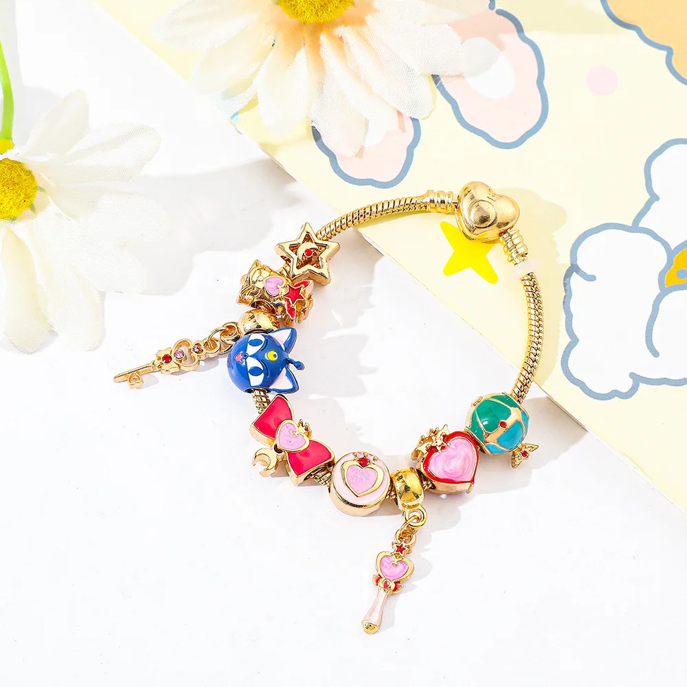 Kawaii Anime Armbänder Tsukino Usagi Anhänger Nymphen-Mond Luna Katzen-Perlen Armreifen Cosplay Requisiten Ketten für Frauen Mädchen Geschenk