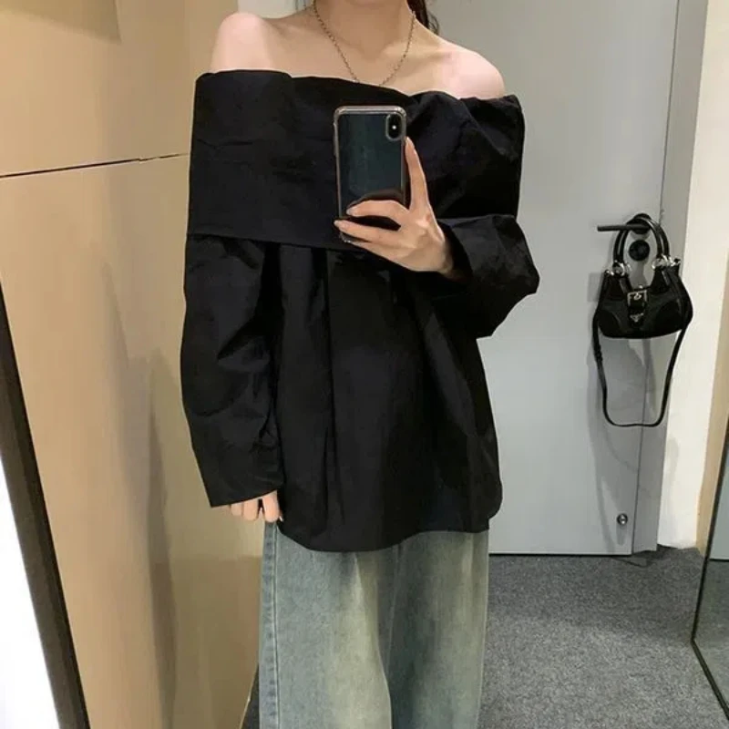 Black Shirt for Women Spring and Autumn New High-end Style Wide Truffle Shoulder Niche Design Sense Versatile Sexy Sweet Tops