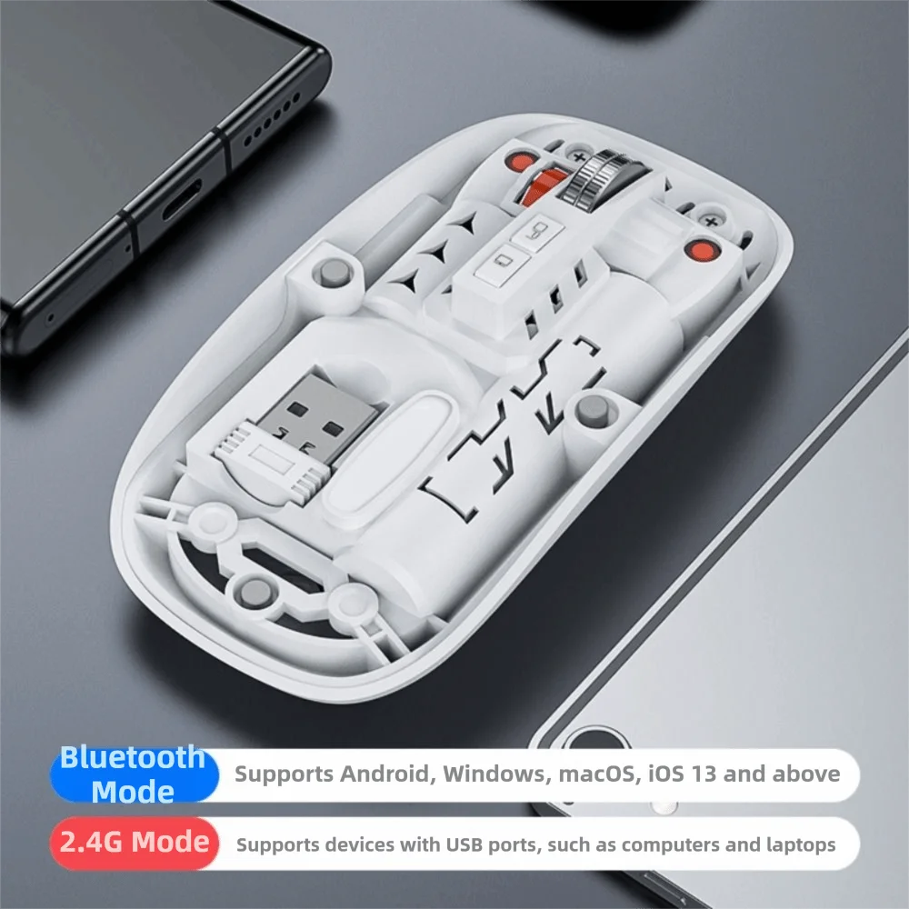 Mouse Gamer Sem Fio com 3 Modos, Design Magnético, Recarregável Tipo-C, Transparente, Operação Silenciosa