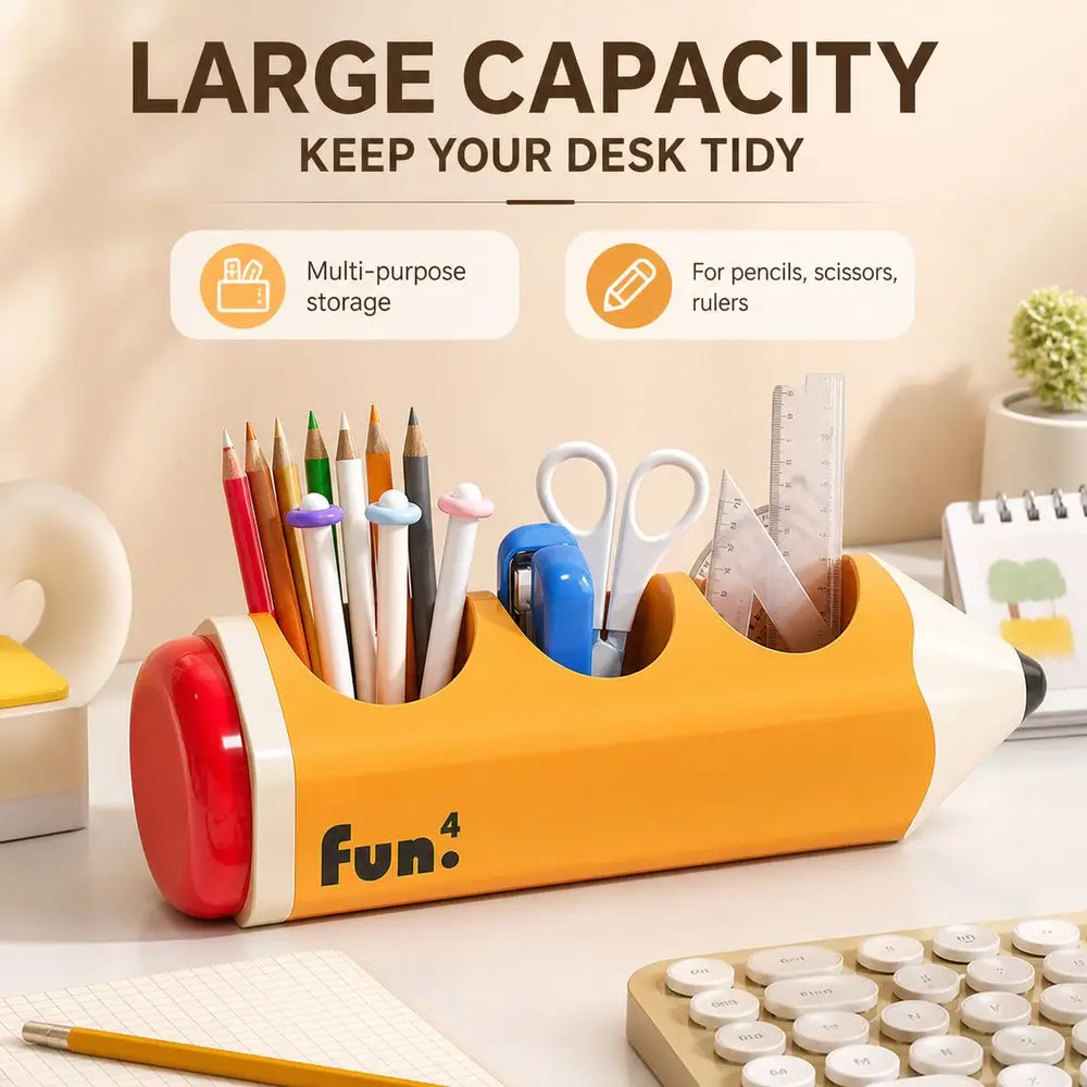 Durable Plastic Pencil Holder Pencil-Shaped Cartoon Style Pen Holder Open Top Multi-Compartment Stationery Organizer Student Use