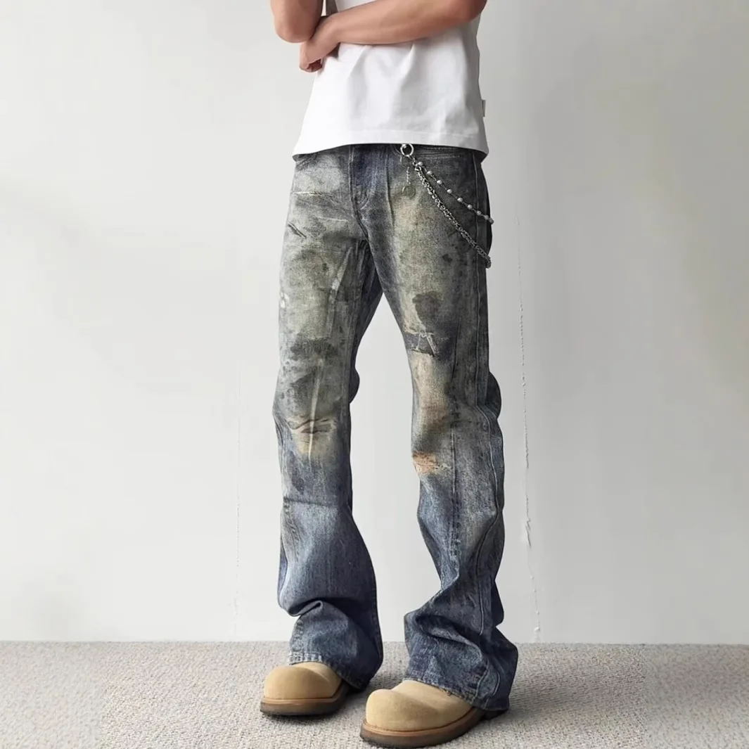 

Винтажные новые модные мужские повседневные свободные прямые джинсовые брюки в американском стиле с принтом, мужская одежда на пуговицах, джинсовые брюки