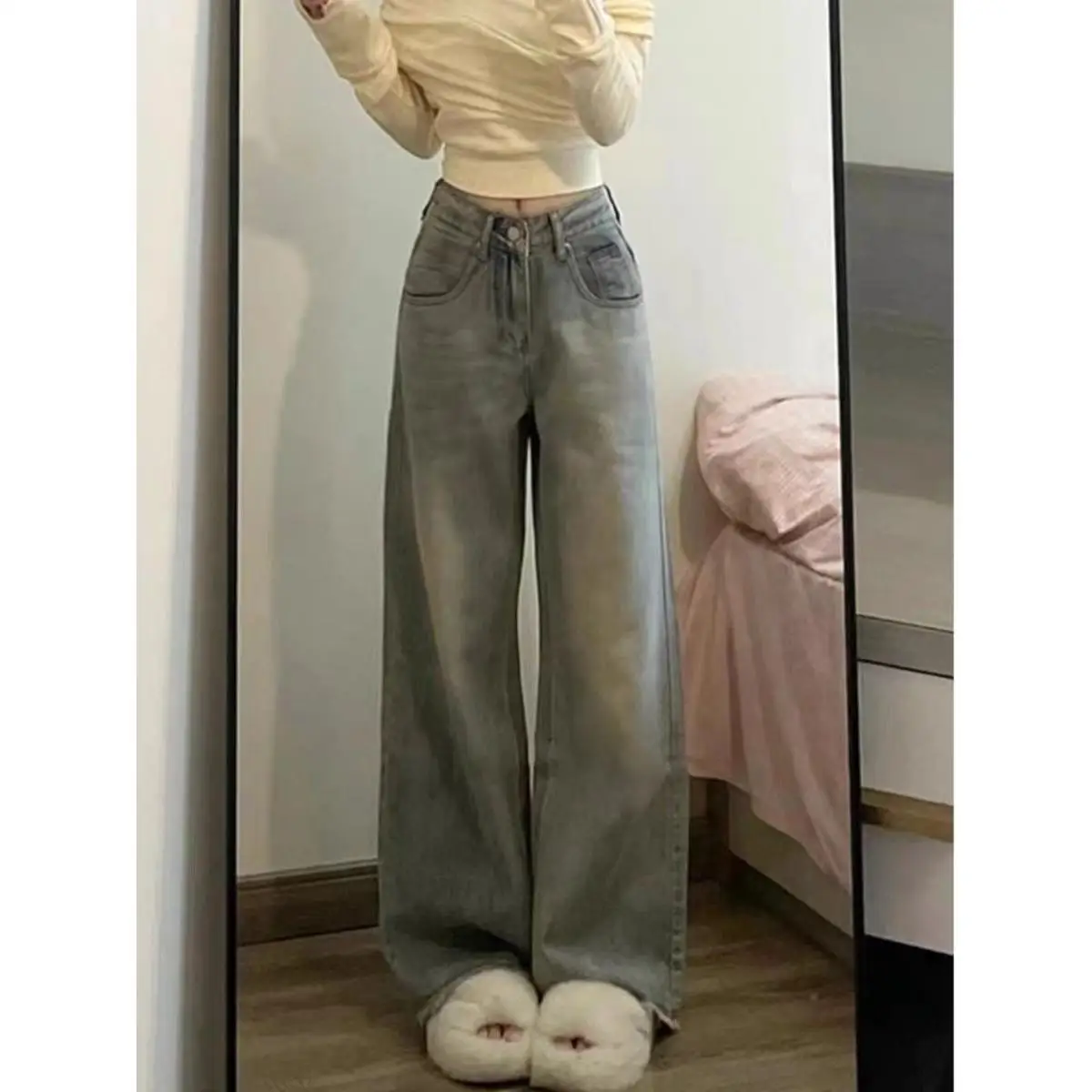 

American Waed Vintage High Waist Wide Leg Jeans Women's Autumn New Sle Loose Slim Straight Floor-Length Pants