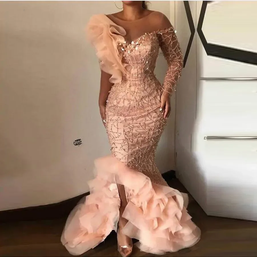 2024 Mermaid Evening Dresses Elegant Peach Sparkle Beaded Ruffles One Shoulder Sequined Long Prom Gowns Sexy Party